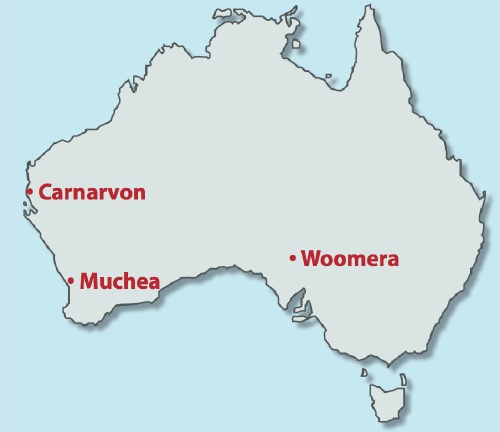 Location of Muchea, Woomera and Carnarvon